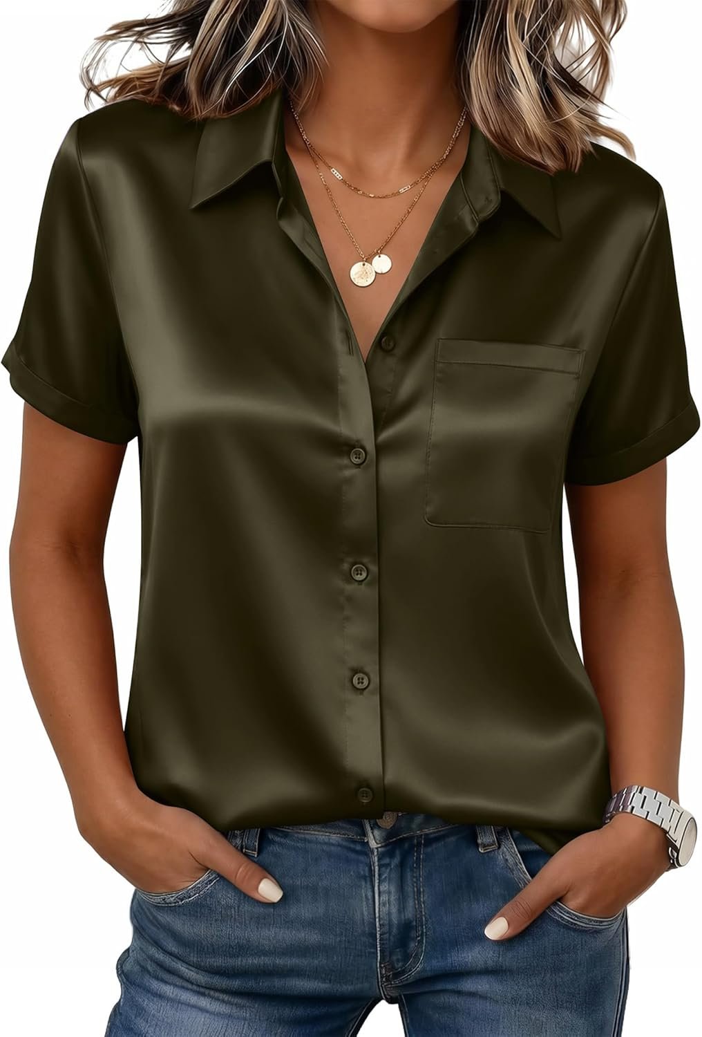Zeagoo Satin Blouses for Women Silk Button Down Shirts Short Sleeve Business Casual Tops