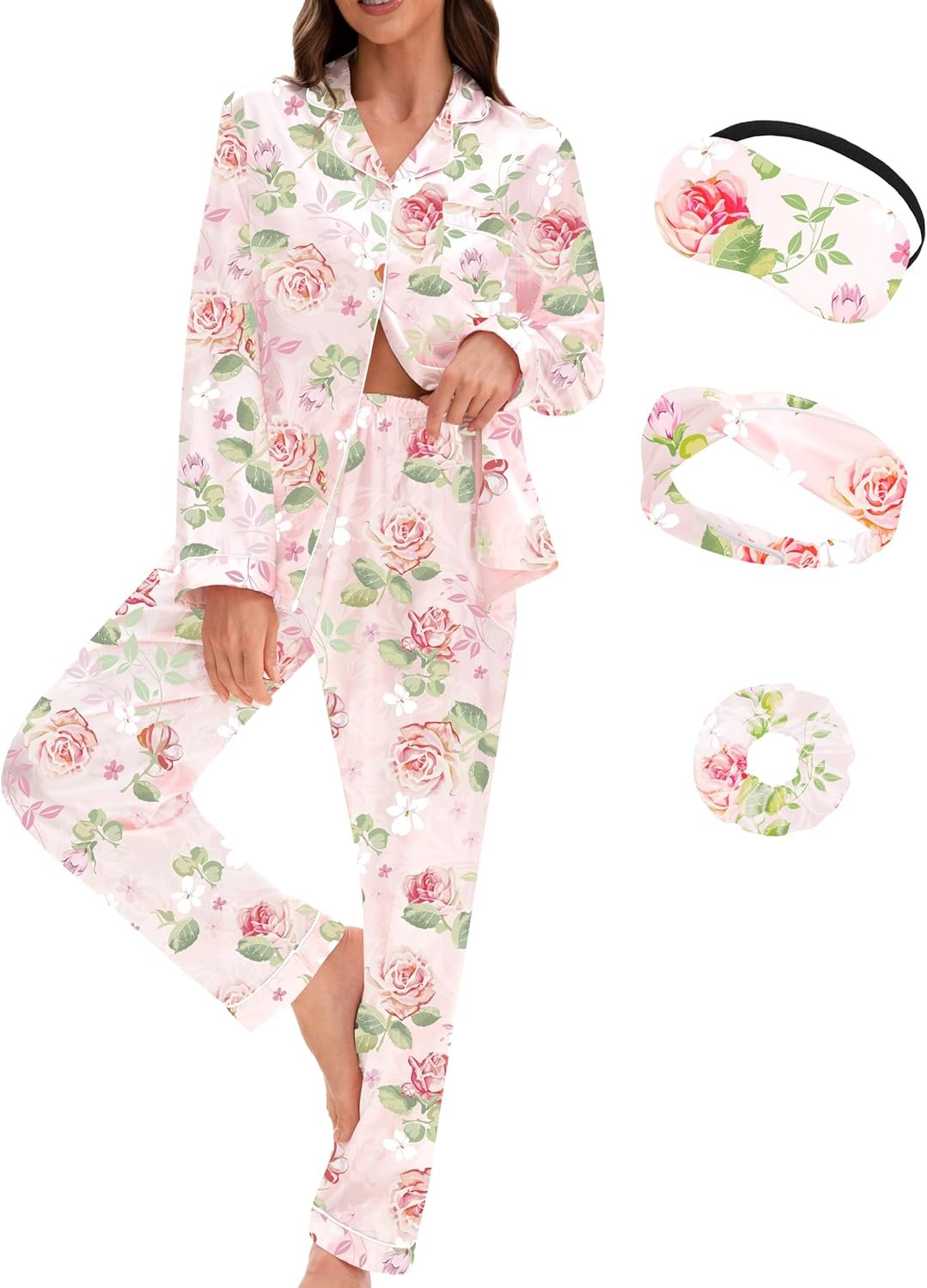 EPLAZA Silk Pajamas for Women Satin Pajamas Set 5 Pcs Long Sleeve Print Pattern Button Down Pjs Sleepwear Loungewear Set