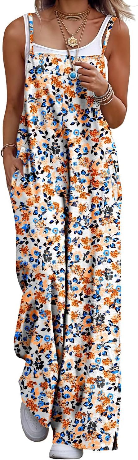 YESNO Women’s Summer Boho Cotton Casual Jumpsuits Wide Leg Overalls Floral Print Baggy Rompers with Pockets PZZCR