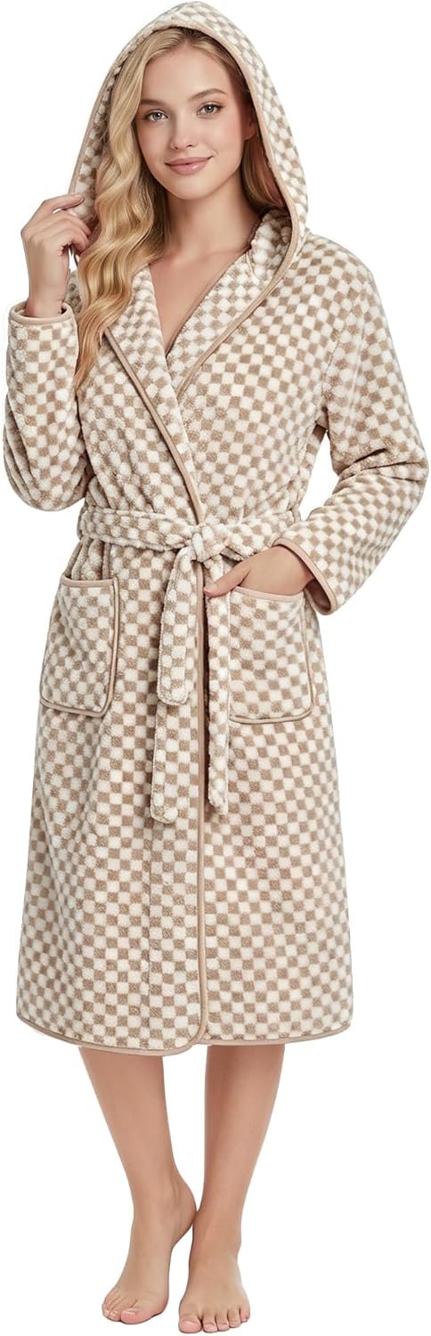 PJGGZ Checkered Hooded Bathrobe for Women, Lightweight Microfiber Towel Material Quick Dry Soft Absorbent Y2K Trendy Robe