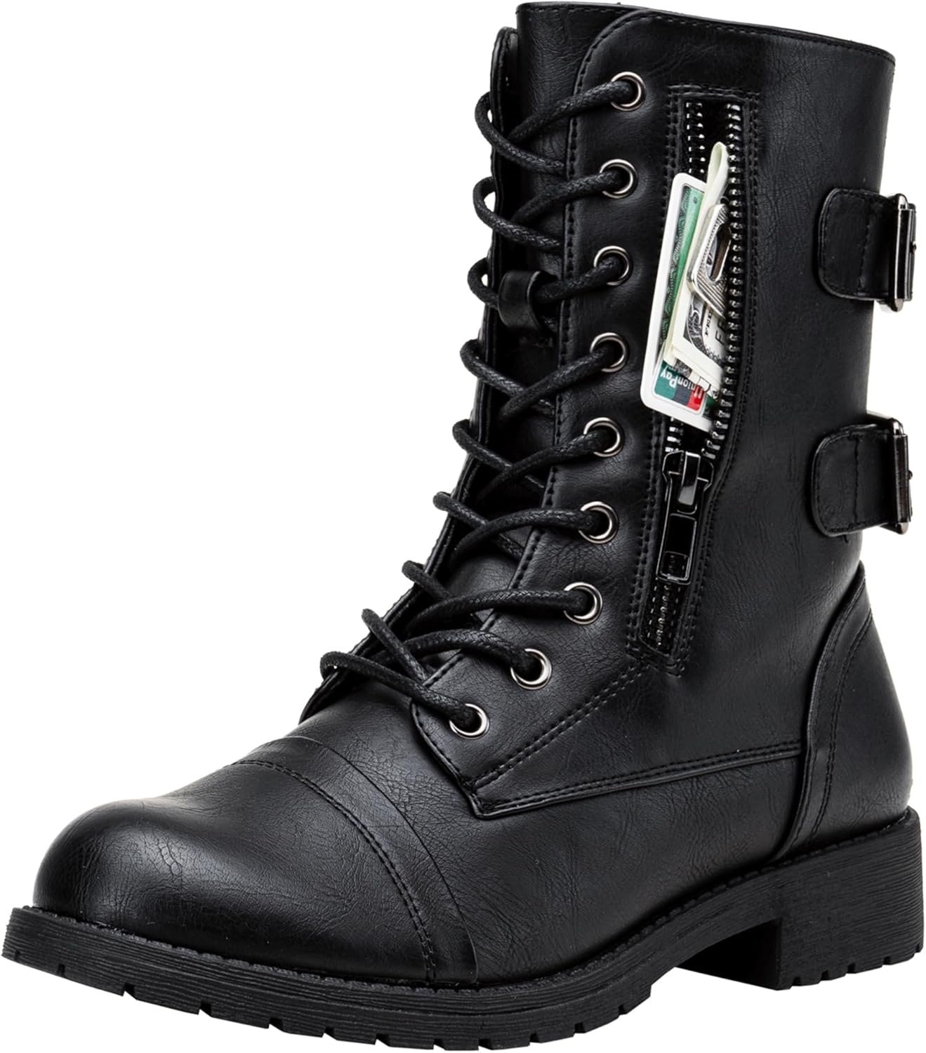 Vepose Women’s Combat Boots Low Heel, Mid Calf Military Boots with Card Knife Wallet Pocket