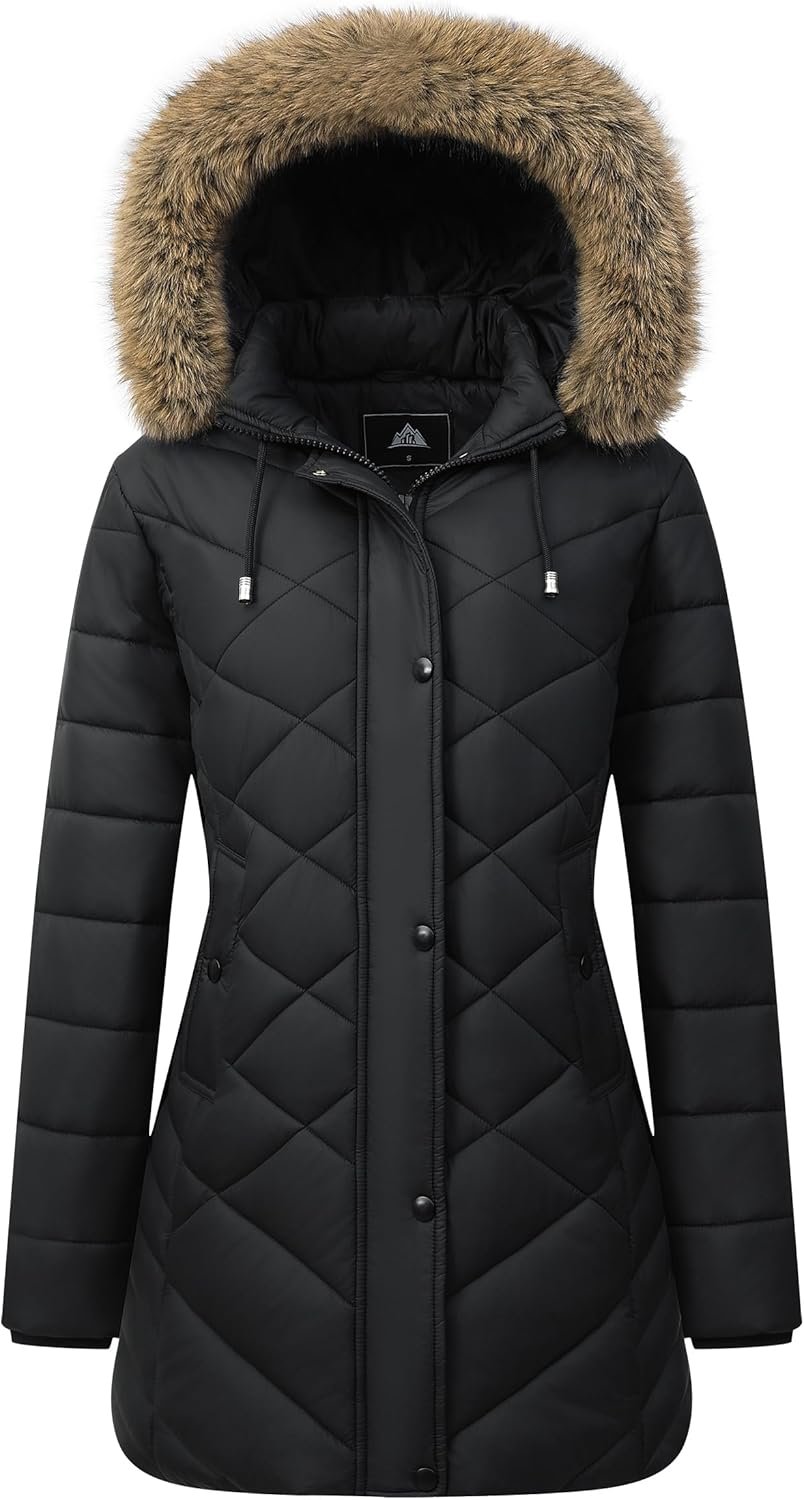 Women’s Long Warm Winter Coat Windproof Thickened Fleece Lined Down Jacket Waterproof Puffer Outerwear with Removable Hood