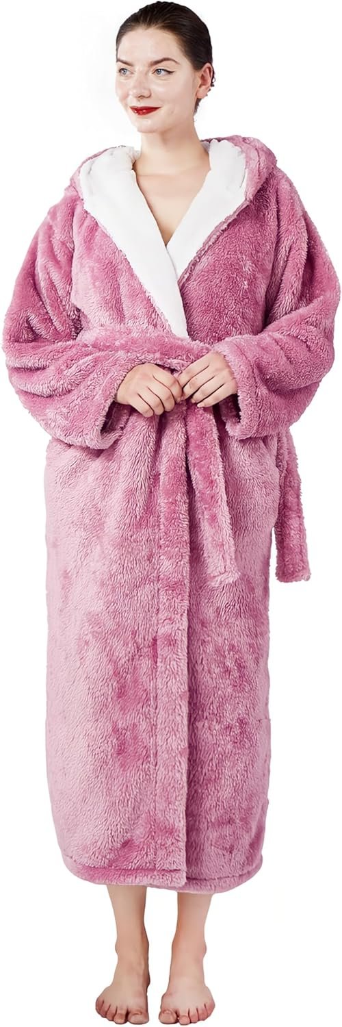 Women’s robes hooded winter warm with pockets soft bathrobe for women Cozy Spa Lounge wear ladies plush full length