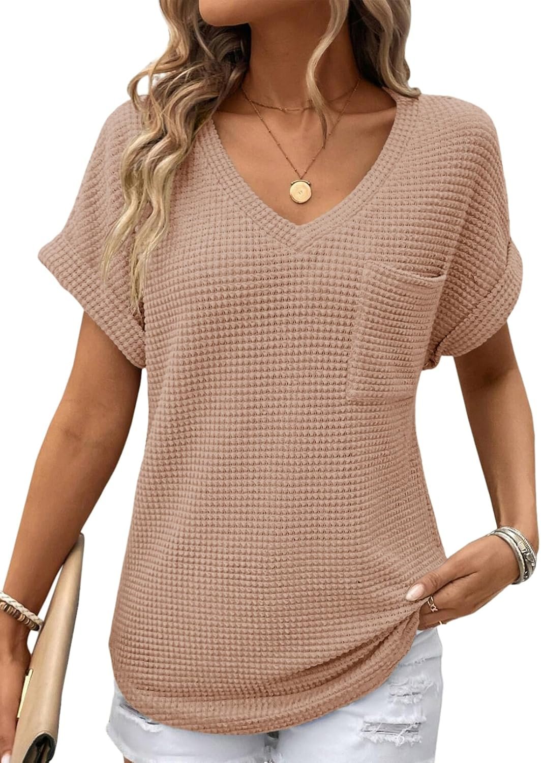 Dokotoo Womens Waffle Knit Tops 2026 Spring Summer V Neck Shirts Casual Trendy Women’s Blouses Basic Tee