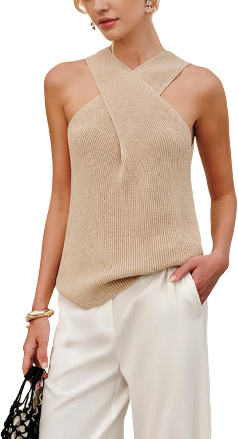 Yeokou Women Halter Cross Over Collar Tank Knit Sleeveless Top Solid Color Casual Summer Blouse