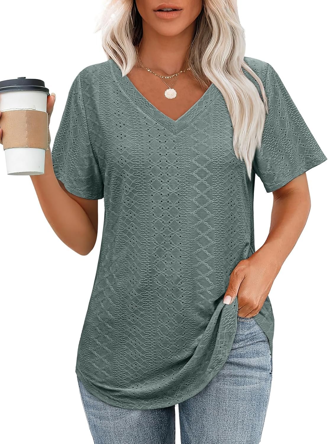 OFEEFAN Womens T Shirts V Neck Short Sleeve Casual Tops Loose Fit Basic Tees with Curved Hem