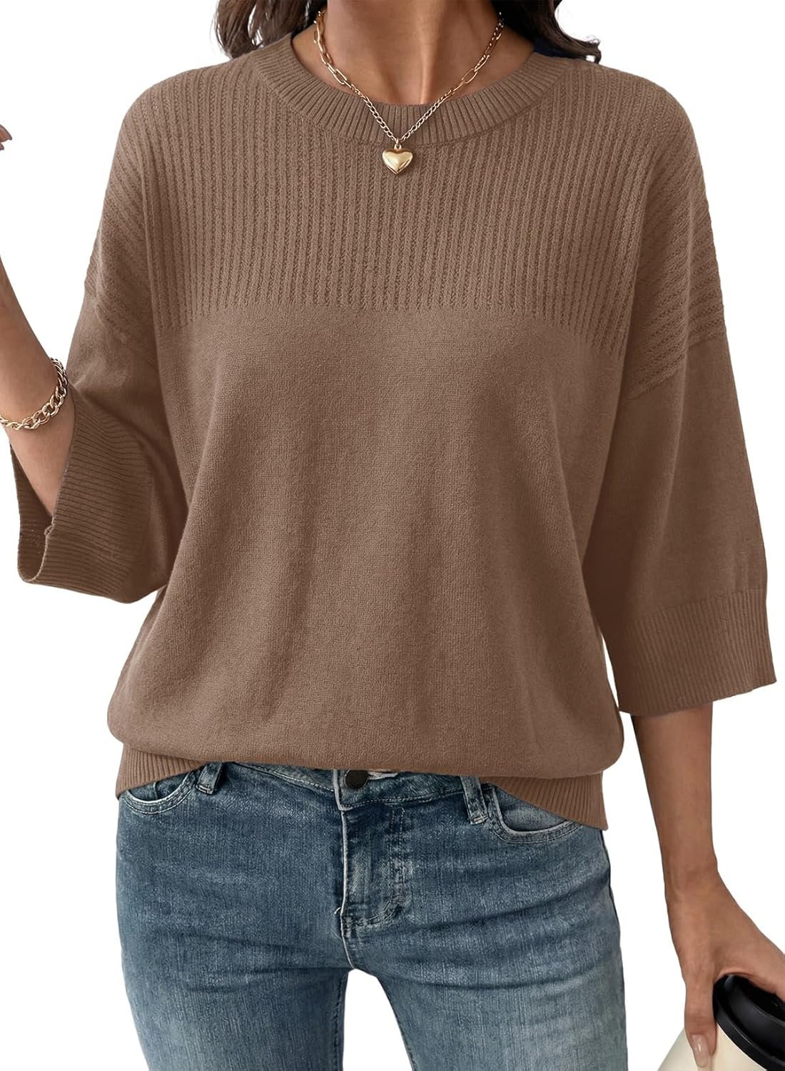 Dokotoo Womens Half Sleeve Casual Oversized Trendy Sweaters Crewneck Cropped Sweater Knit Tops