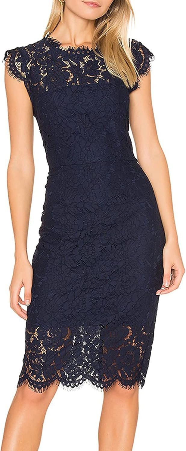 MEROKEETY Women’s Sleeveless Lace Floral Elegant Cocktail Dress Crew Neck Knee Length for Party