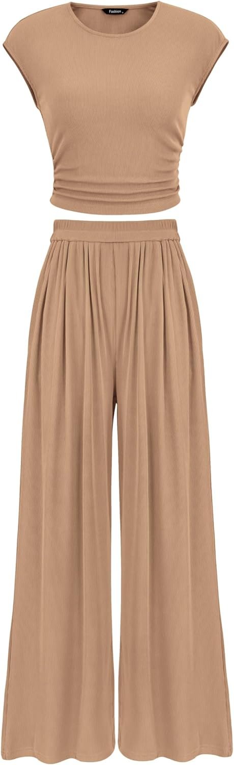 PRETTYGARDEN Women’s Summer 2 Piece Outfits 2026 Cap Sleeve Ruched Slim T Shirt Ribbed Knit Wide Leg Pant Sets Tracksuit