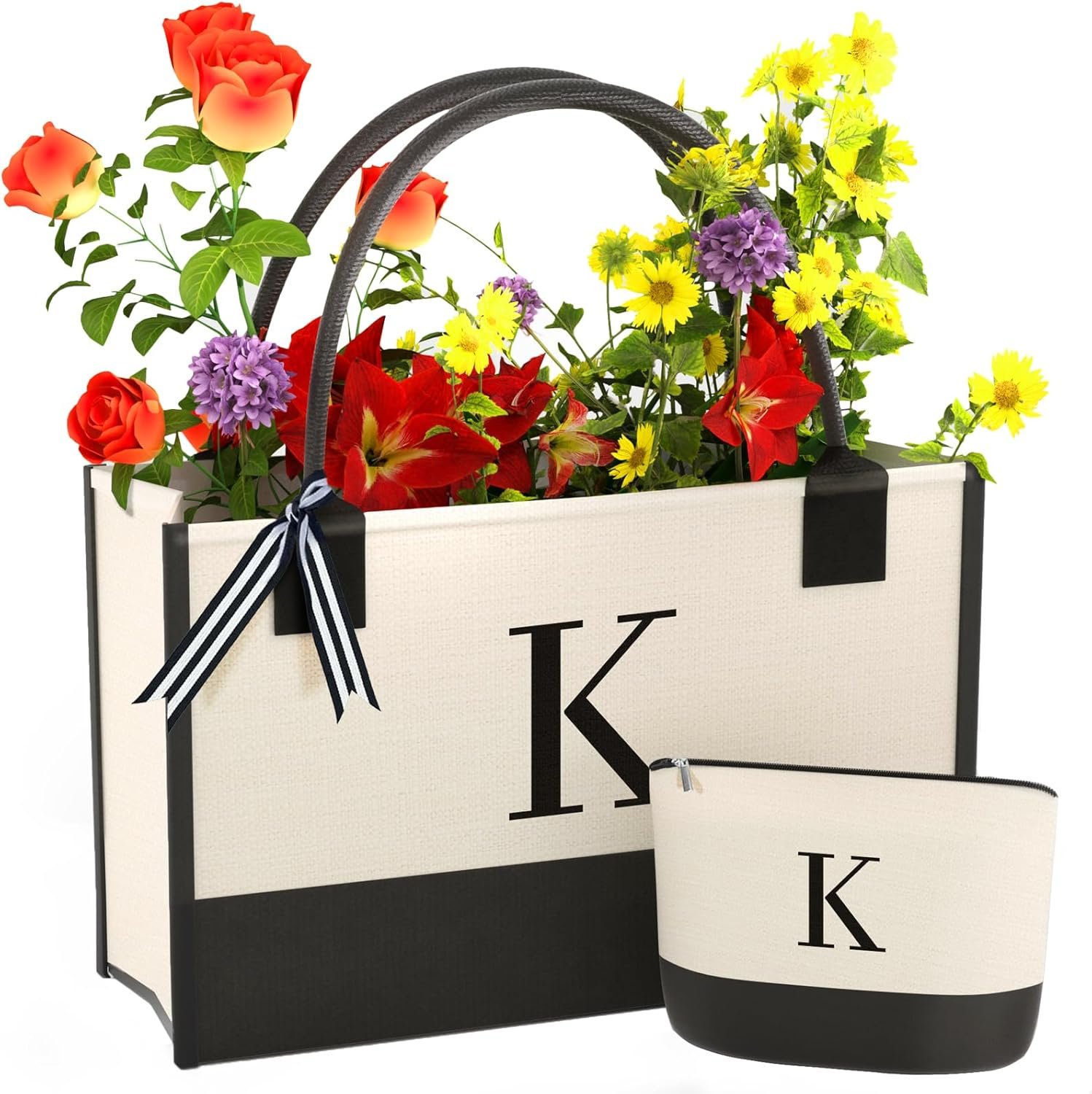 Monogrammed Canvas Tote Bag with Zipper Pockets – Ideal Gift for Mom, Teacher, Sister