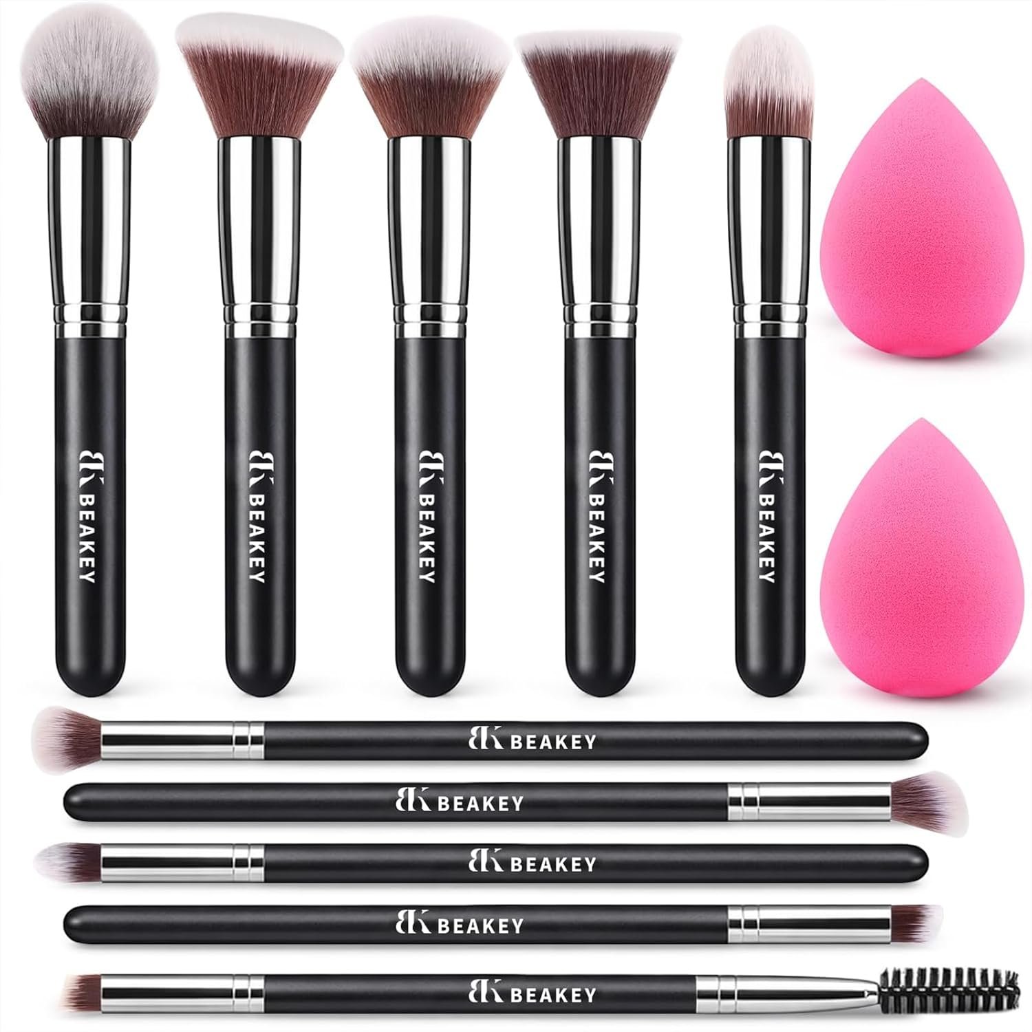 BEAKEY Makeup Brushes Set, Professional Foundation Eyeshadow Concealer Blush Powder Bronzer Applicator, 2 Blender Sponge with Beauty Paper Case