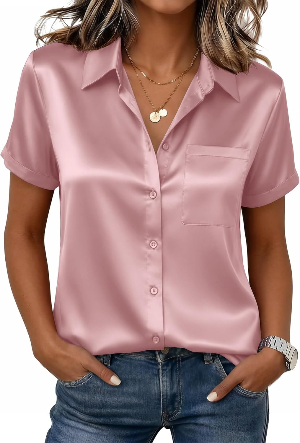 Zeagoo Satin Blouses for Women Silk Button Down Shirts Short Sleeve Business Casual Tops