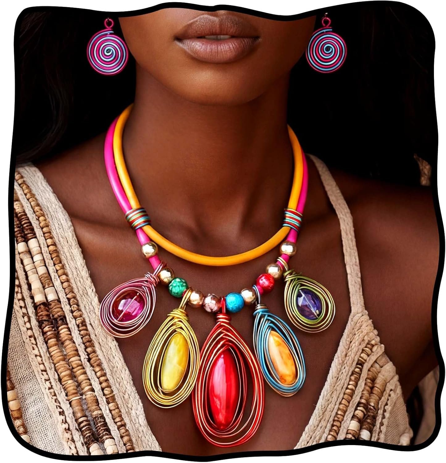 Fstrend Chunky Statement Necklace and Spiral Earrings Set for Women, Boho Multi-Color Jewelry, African Choker
