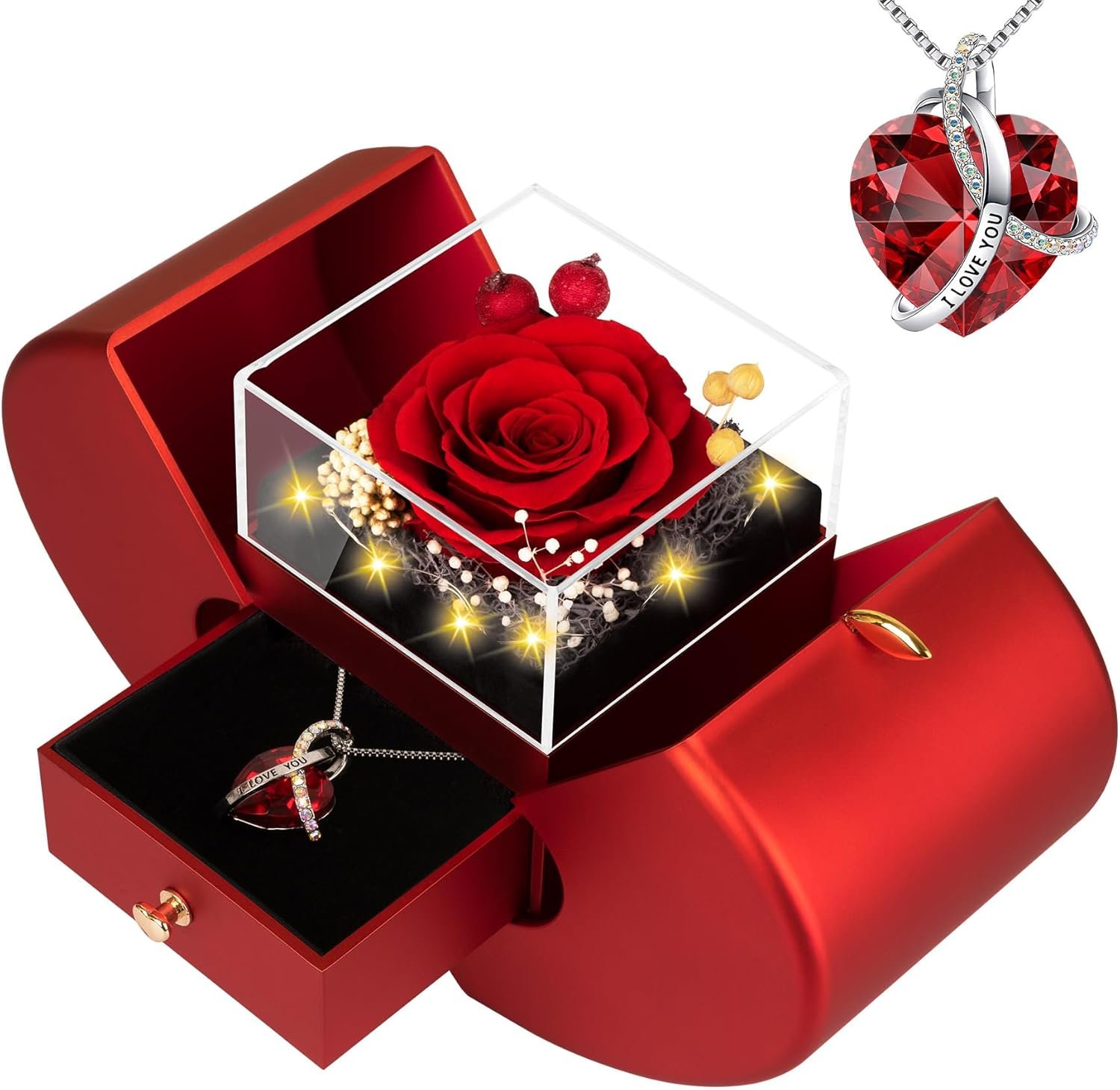 Preserved Real Red Rose with l Love You Necklace -Mothers Day Gifts for Mom Her Wife Girlfriend Women Grandma on Valentines Mothers Day Christmas Anniversary Romantic-Red