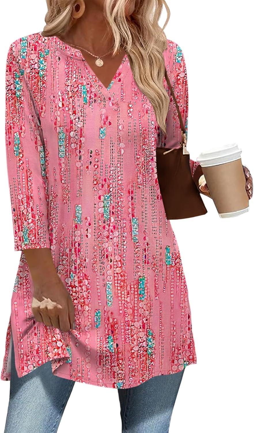 Ivicoer 3/4 Length Sleeve Womens Tops Dressy Casual Plus Size V Neck Tunics to Wear with Leggings Side Slit Shirt