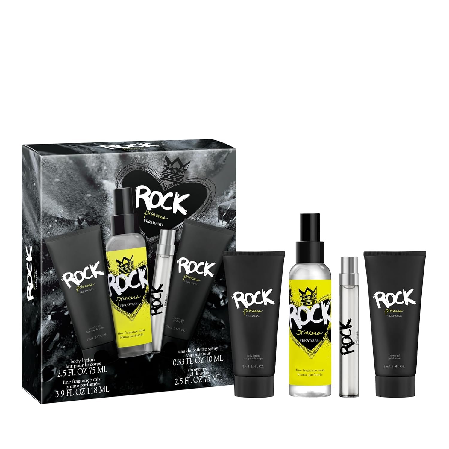 Vera Wang Rock Princess Eau de Toilette 4 Piece Gift Set, Notes of Waterlily, Tahitian Flower, and Vanilla, Women’s Fragrance, Long Lasting, Everyday Fragrance