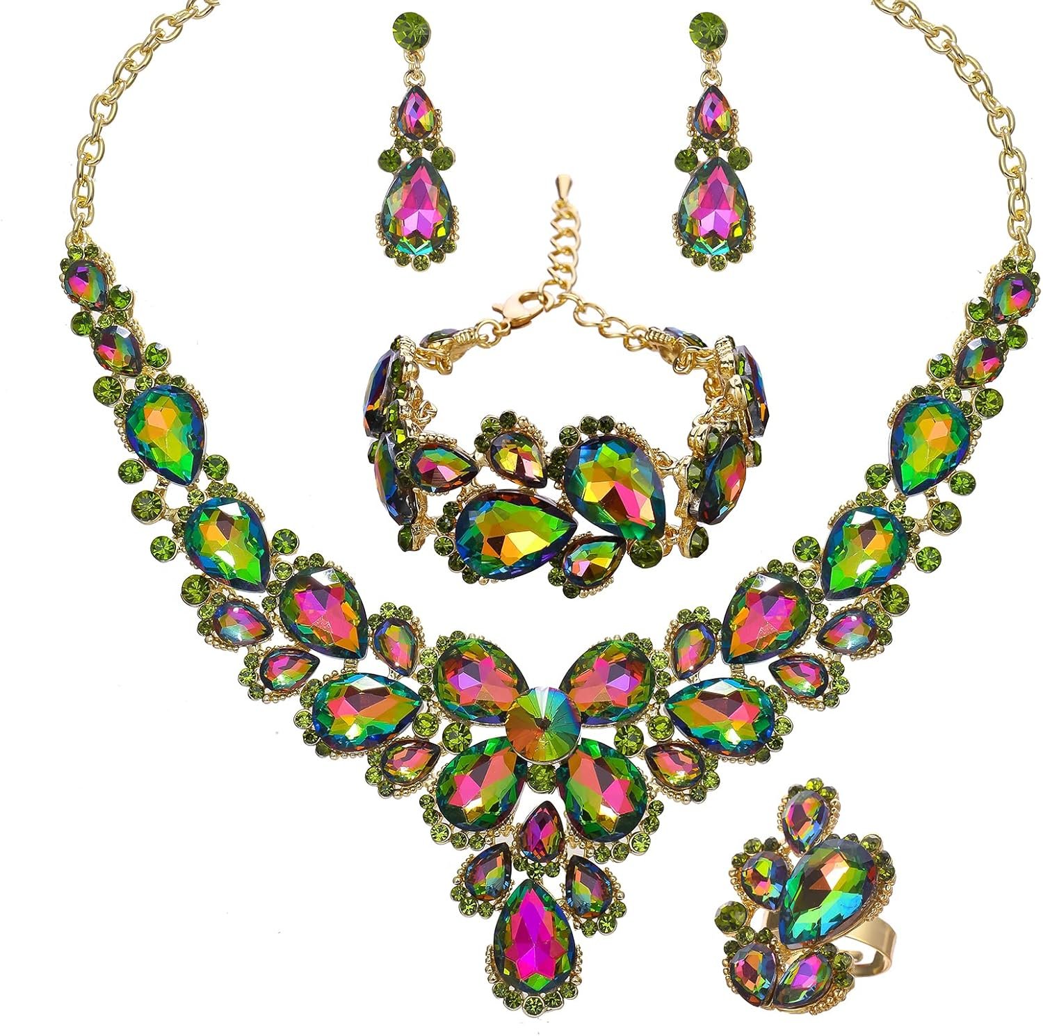 Women’s Wedding Bridal Austrian Crystal Glass Teardrop Statement Necklace Dangle Earrings Bracelet Ring Wedding Party Jewelry Set for Bridal Bridesmaid