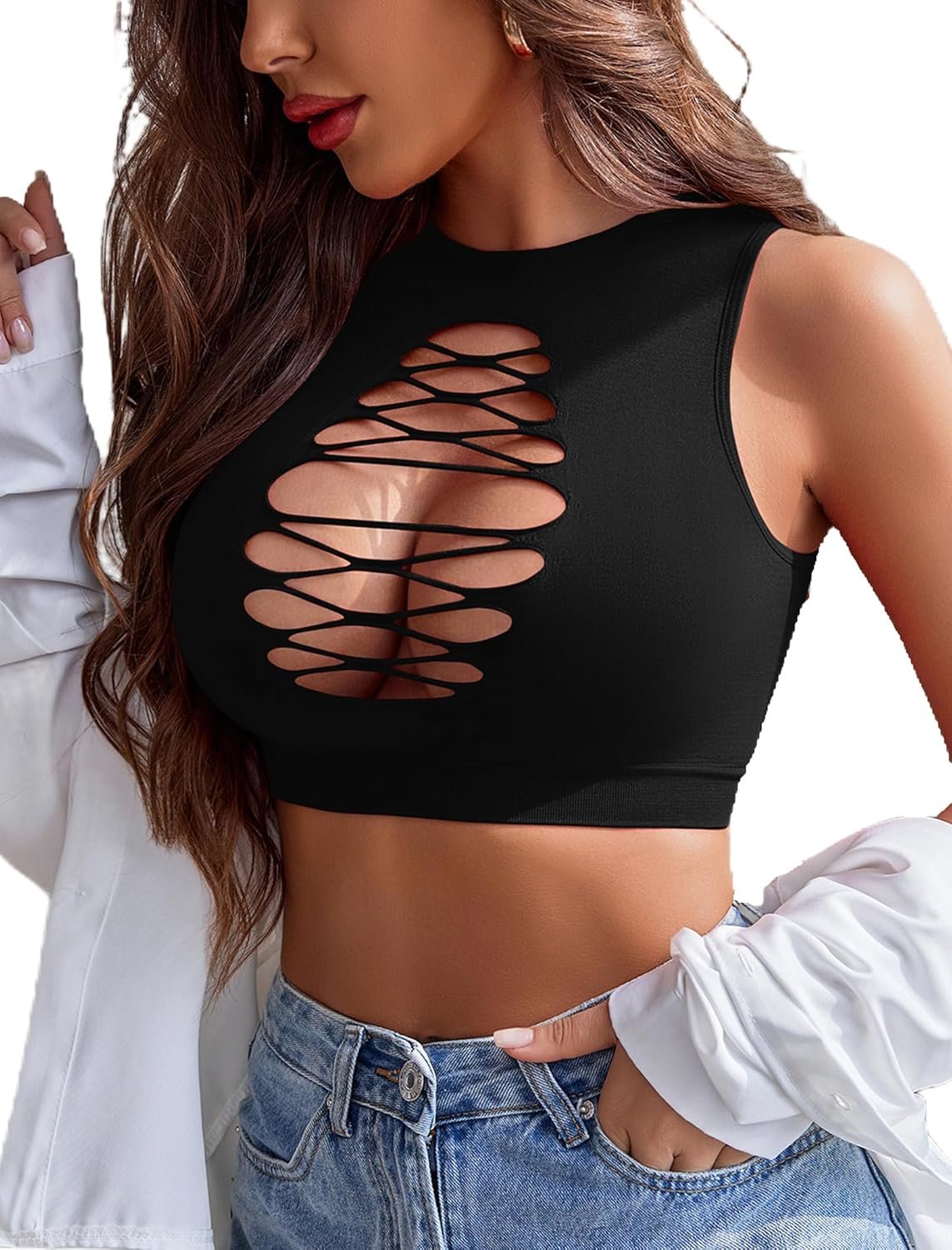 Avidlove Women’s Fishnet Top Sexy Cut Out Crop Short Hollow Out Cropped Tank Top(S M L)