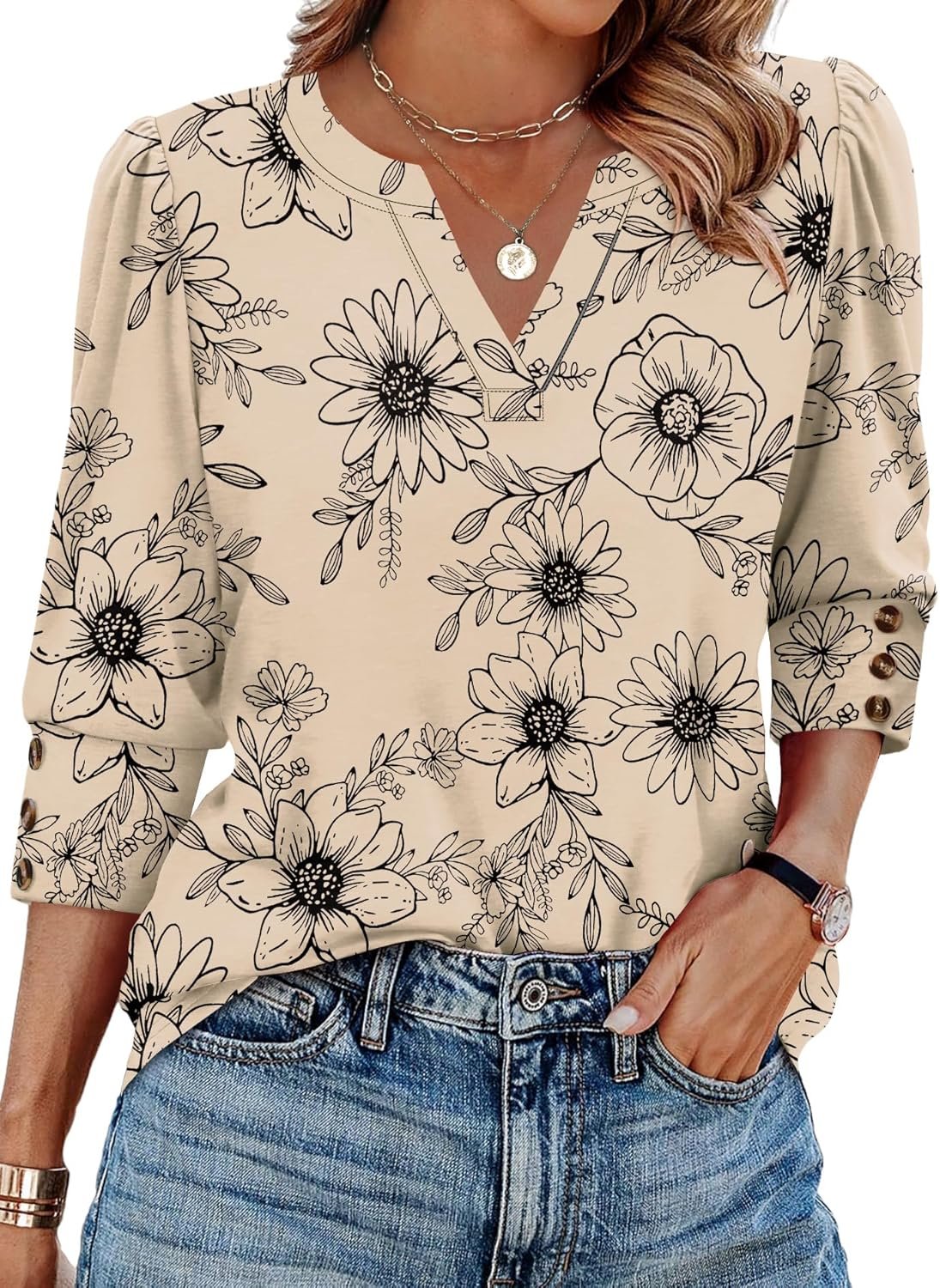 WIHOLL 3/4 Length Sleeve Womens Tops with Button Cuffs Dressy Casual V Neck Summer Outfits Early Fall Fashion Spring Clothes