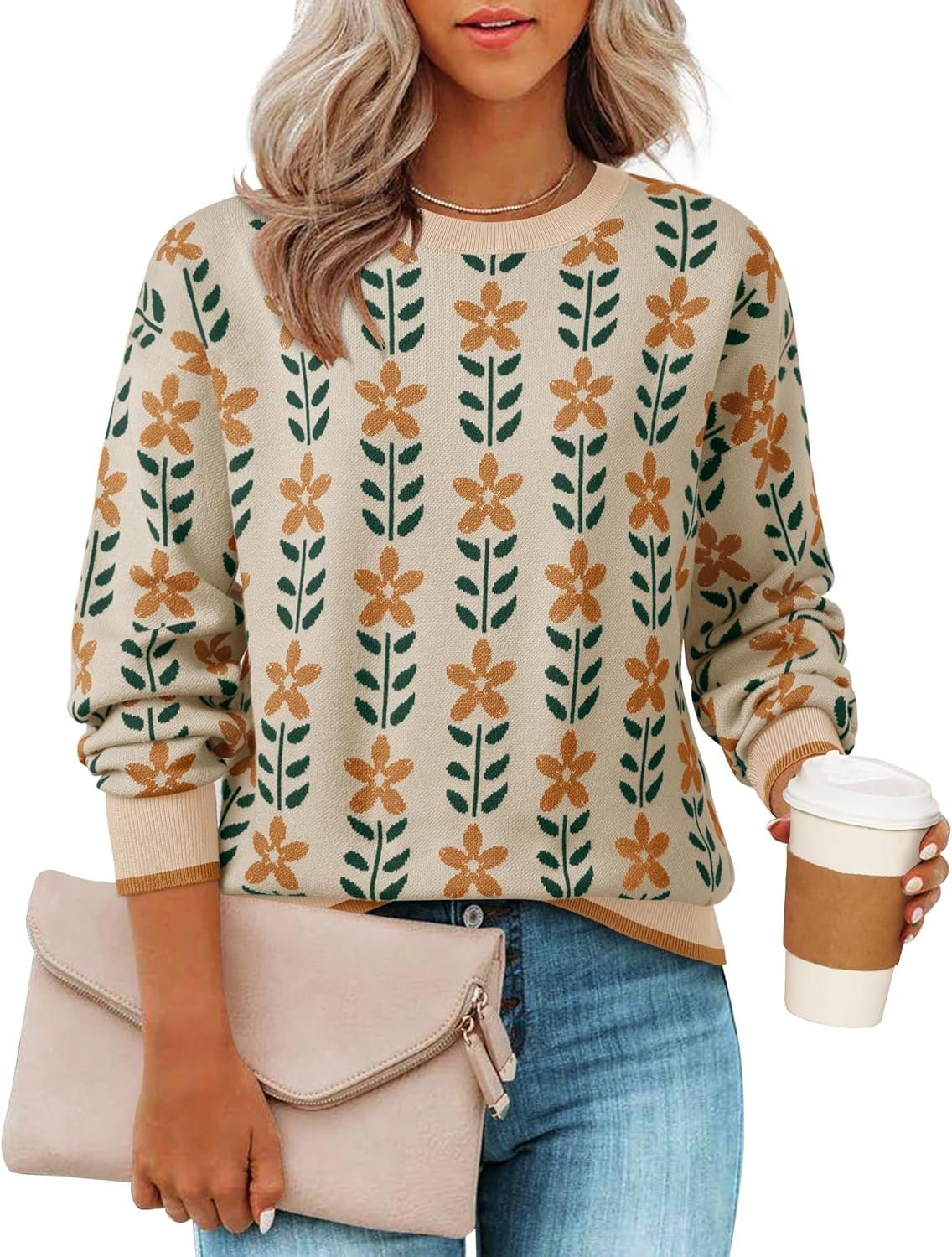 ZESICA Women’s Long Sleeve Crewneck Sweater 2026 Fall Printed Cute Oversized Knitted Pullover Tops Trendy Clothes