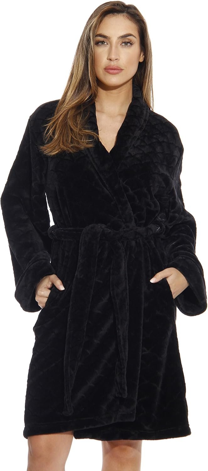 Just Love Women’s Plush Fleece Bathrobe, Shawl Collar Jacquard Robe with Tie Belt