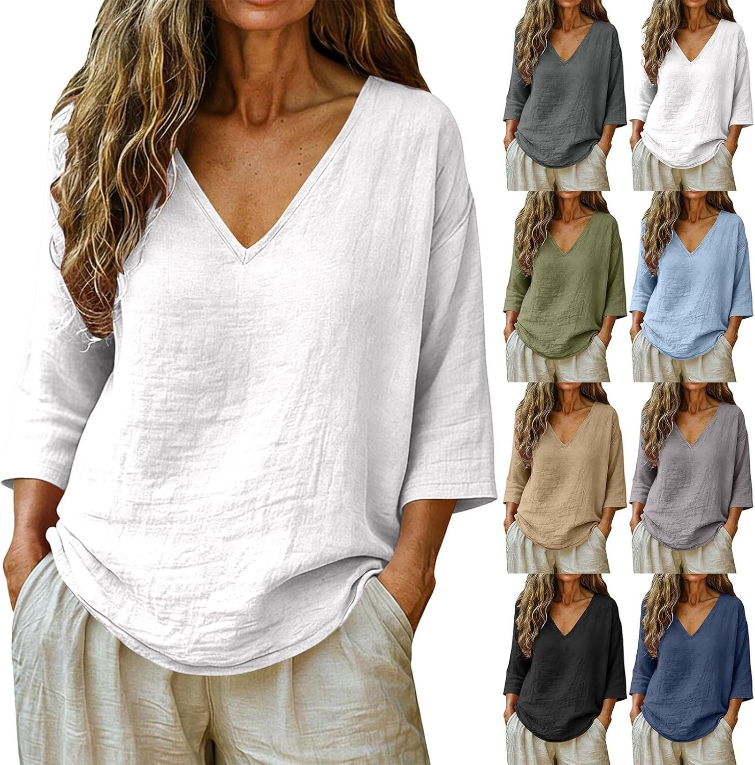 Womens Summer Gauze Tops Casual Linen Cotton Tunic Blouse 3/4 Sleeve V Neck Peasant Shirts Beach Vacation Tees
