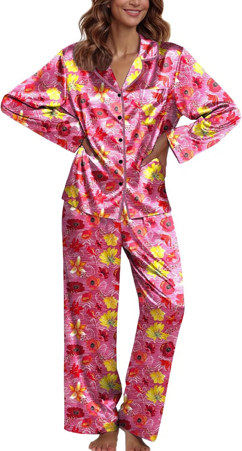 Ekouaer Pajamas For Women Set Silk Pjs 2 Piece Satin Sleepwear Long Sleeve Button Down Lounge Sets With Pant