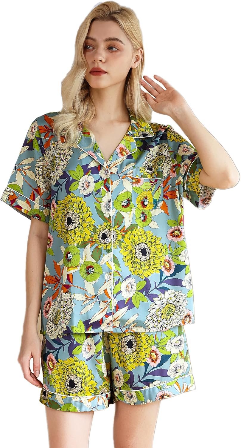 YiNi LuLu Womens Silk Satin Shorts Pajamas Set Button Down 2 Piece Pjs Short Sleeve Oversized Sleepwear with Pockets