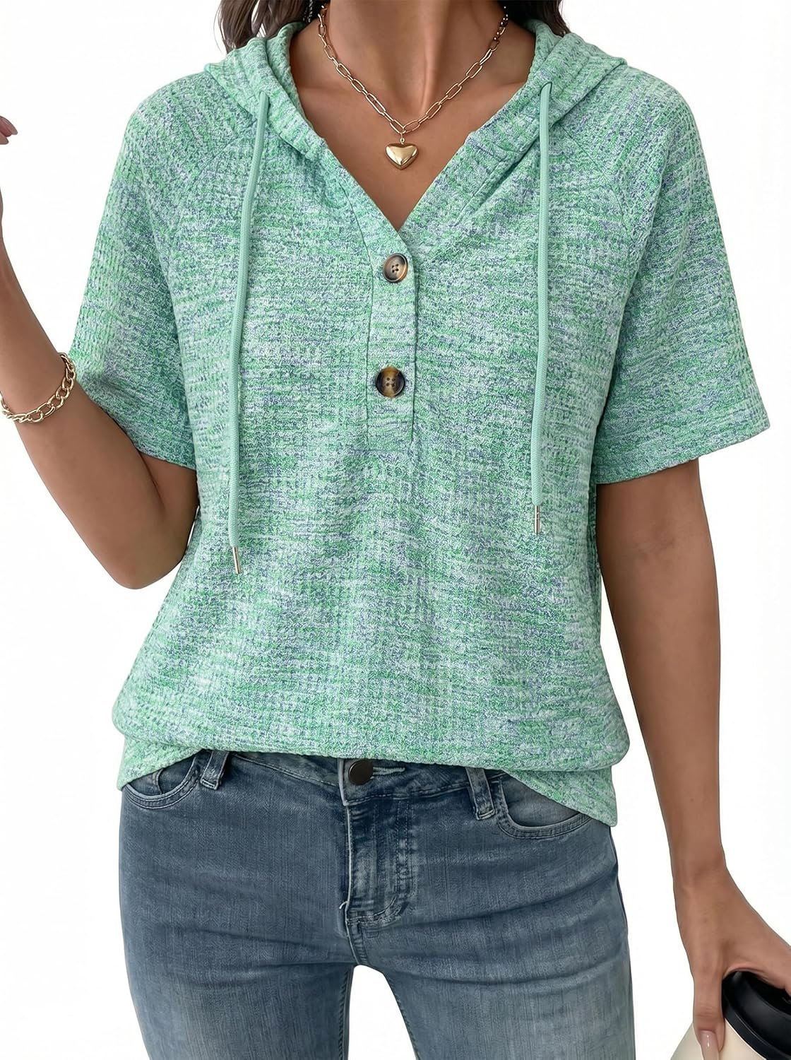 Dokotoo Womens Summer Tops 2026 Short Sleeve Button V Neck Waffle Knit Lightweight Drawstring Hoodies Casual Blouses Shirts