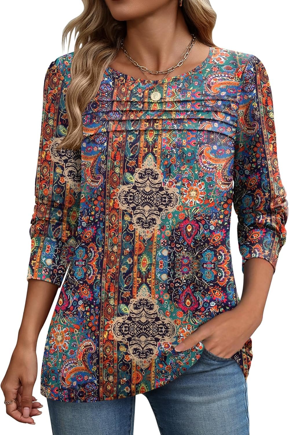 Zeagoo Long Sleeve Shirts for Women Casual Fall Fashion Crewneck Pleated Tunic Tops Work Outfit Blouse
