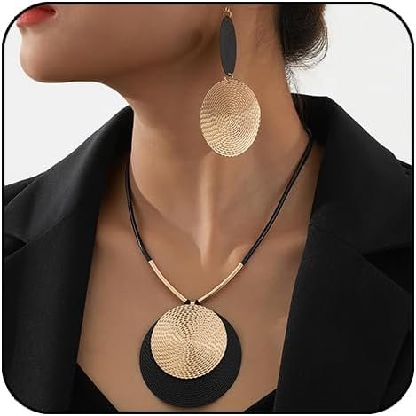 Gold Disc Pendant Necklace Earrings Set Leather Cord Black Circle Statement Necklaces Geometric Textured Medallion Jewelry For Women Party Fashion