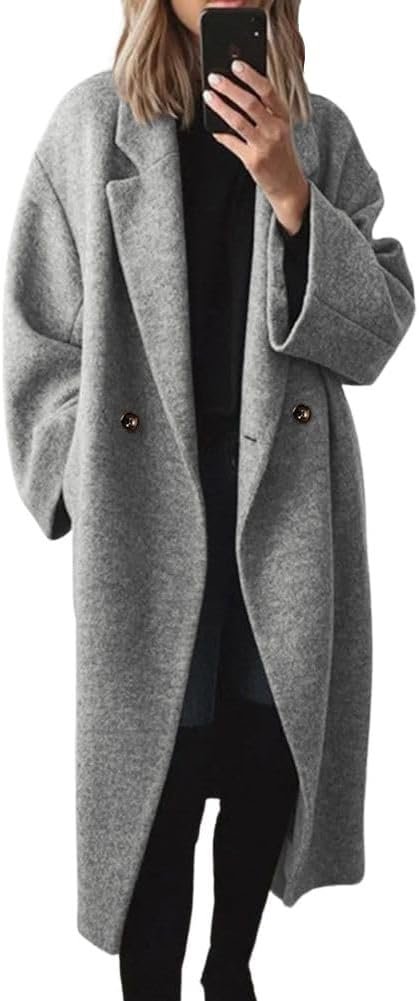 chouyatou Women’s Winter Double Breasted Wool Coat Long Sleeve Notch Lapel Long Trench Coat