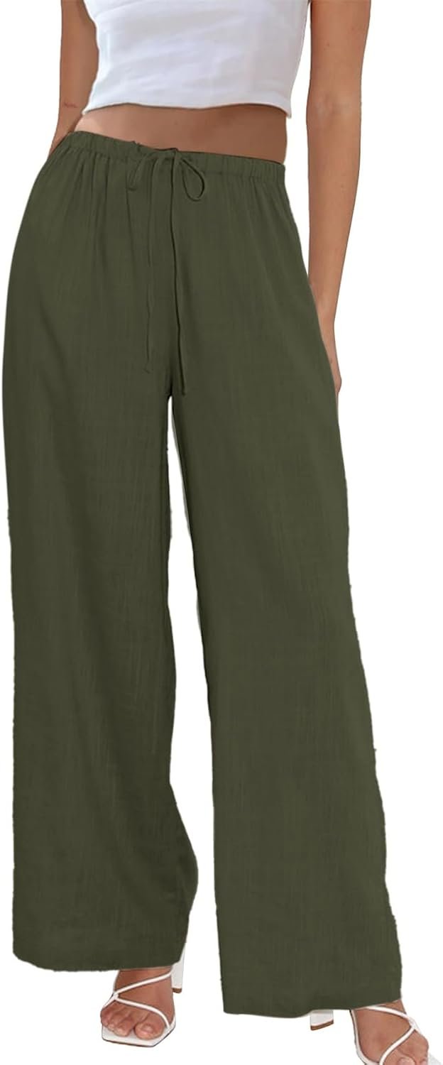 Duyang Womens Cotton Linen Palazzo Pants Drawstring Elastic Waist Casual Wide Leg Trousers with Pockets