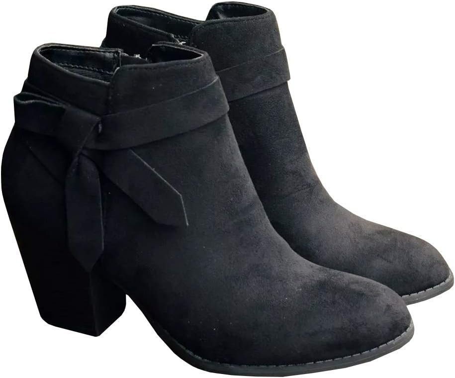 PiePieBuy Women’s Tie Knot Chelsea Pump Ankle Boots Closed Toe Stacked Heel Booties Shoes