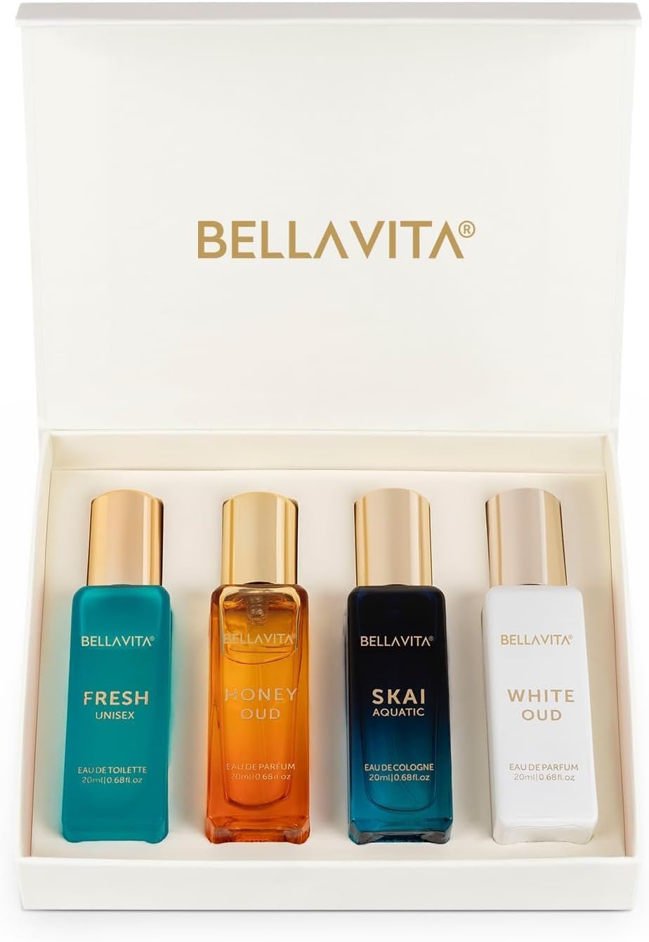 Bellavita Luxury Unisex Perfume Gift Set with Honey Oud, White Oud, Skai, and Fresh | 80ml | Perfume for Men and Women | Honey, Artemisia Lemon, Bergamot, and Sweet Almond Notes | Women’s Day Special