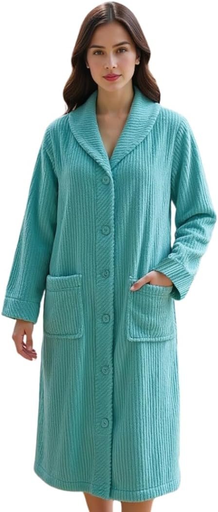 Loungees Women’s Plush Fleece Robe, Mid-Length Button Front Bathrobe with Shawl Collar – Soft Coral Fleece Robe