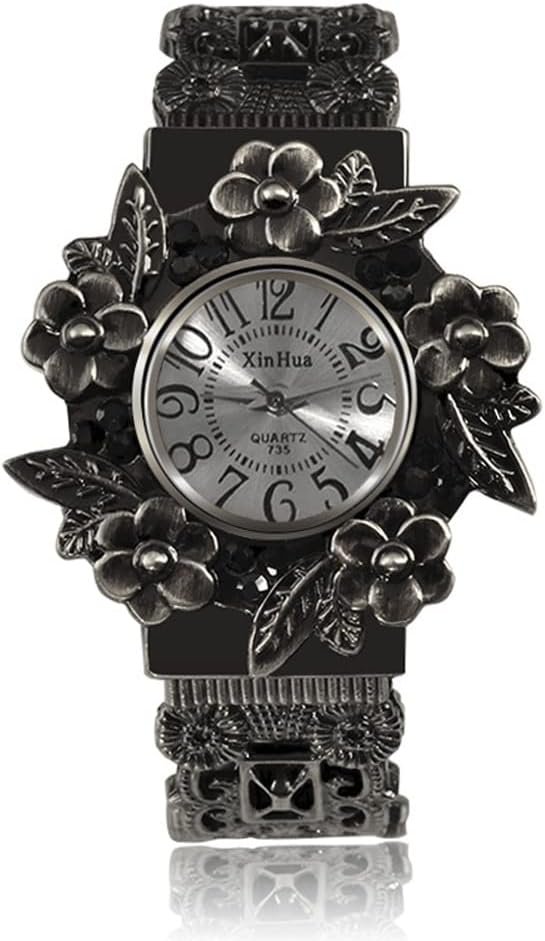 Women Vintage Cuff Bangle Bracelet Watch Carved Flowers Analog Quartz Wrist Watch