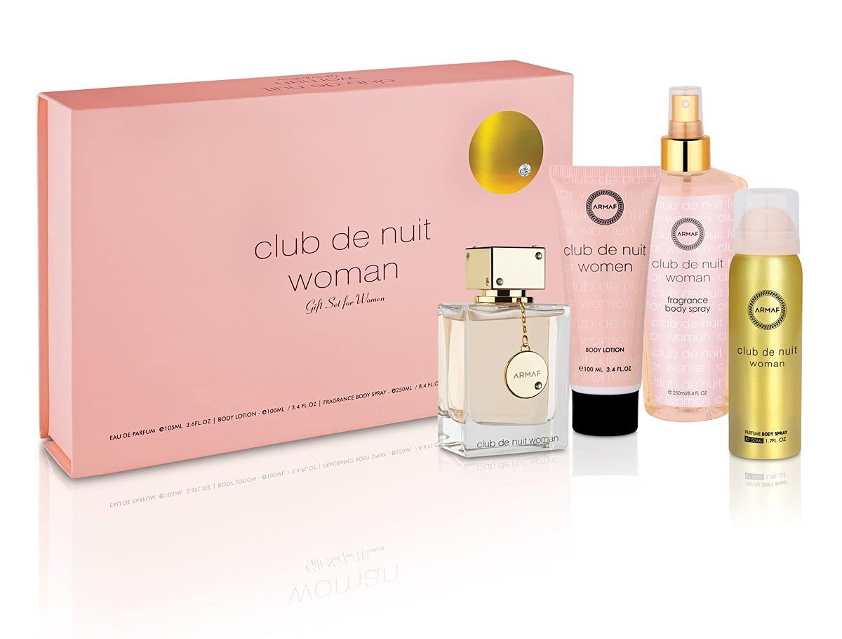 Club De Nuit by Armaf for Women – 4 Pc Gift Set 3.6oz EDP Spray, 3.4oz Body Lotion, 1.7oz Body Spray, 8.4oz Body Mist