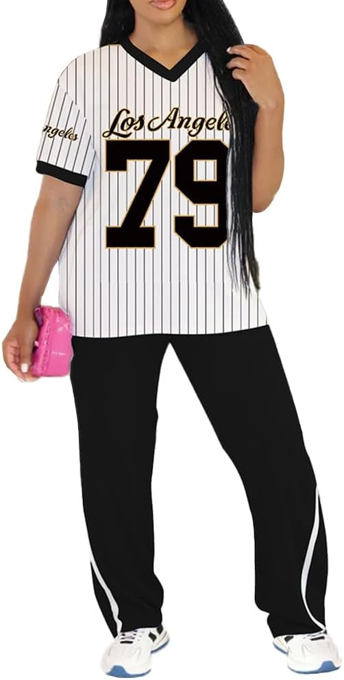 PINSV 2 Piece Sets for Women Summer Casual Outfits Jersey Shirts and High Waisted Pants Sets