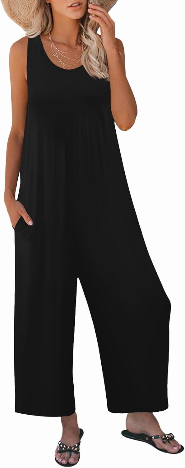 Nfsion Women’s Summer Casual Loose Tank Jumpsuit Sleeveless Crewneck Long Pants Jumpsuit Romper with Pockets