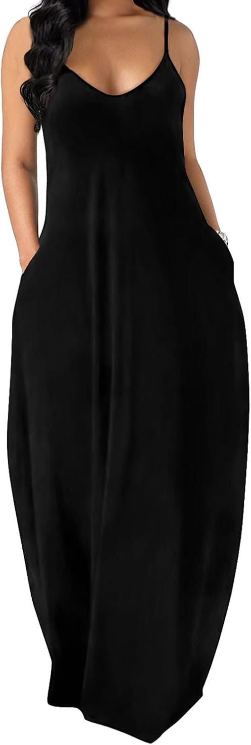 OFEEFAN Women’s Maxi Dresses Summer Spaghetti Strap Dress with Pockets