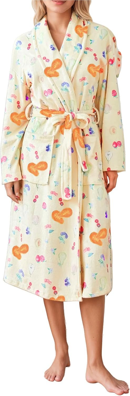 Women Fleece Fruit Print Robe Cute Robes for Women Spring Summer Lightweight Bathrobe Soft Flannel Gown with Belt