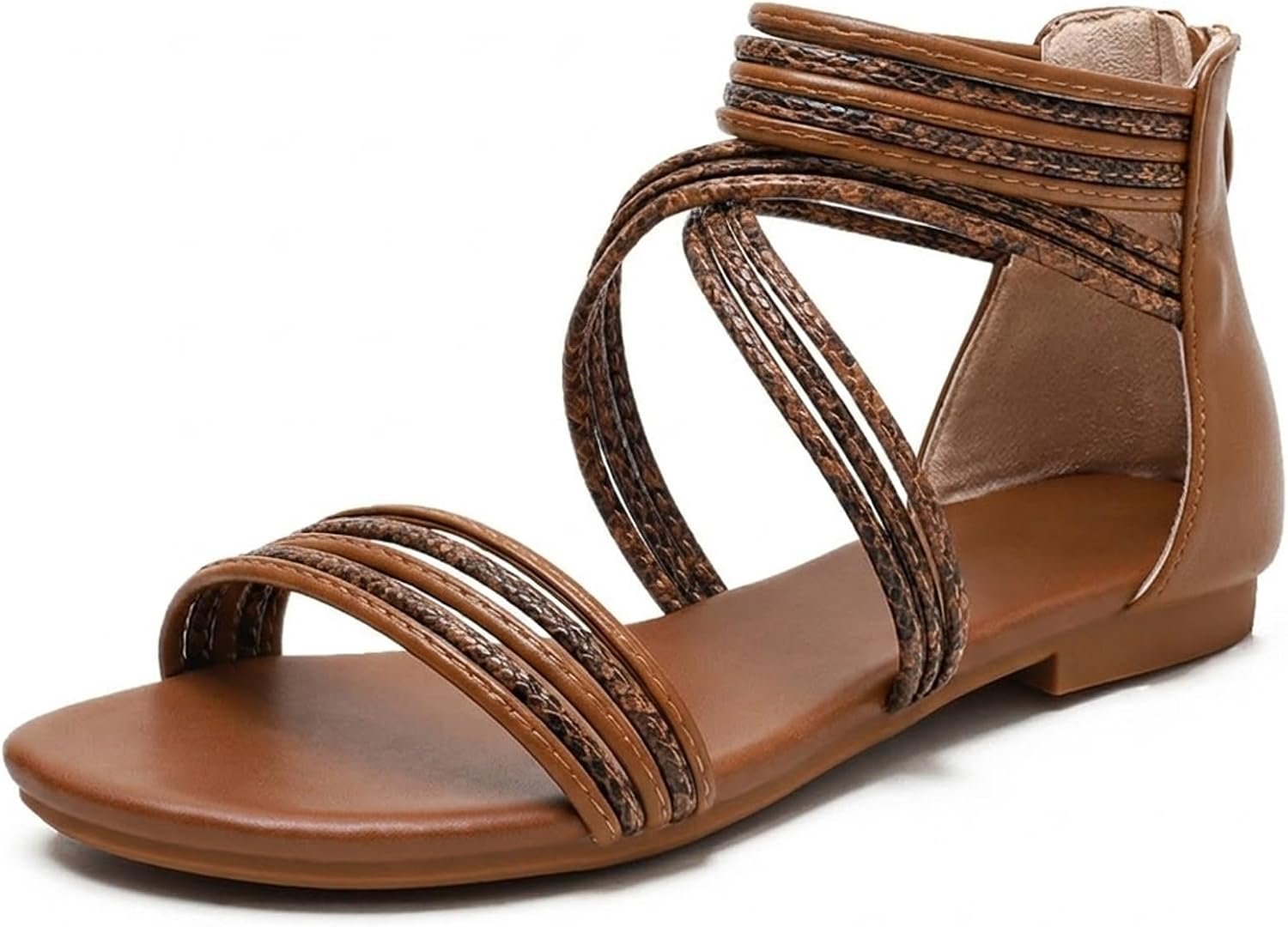 youngshow Women’s Gladiator Sandals, Criss-Cross Strappy Flat Sandals with Back Zipper, Open Toe Bohemian Summer Casual Shoes for Beach Travel