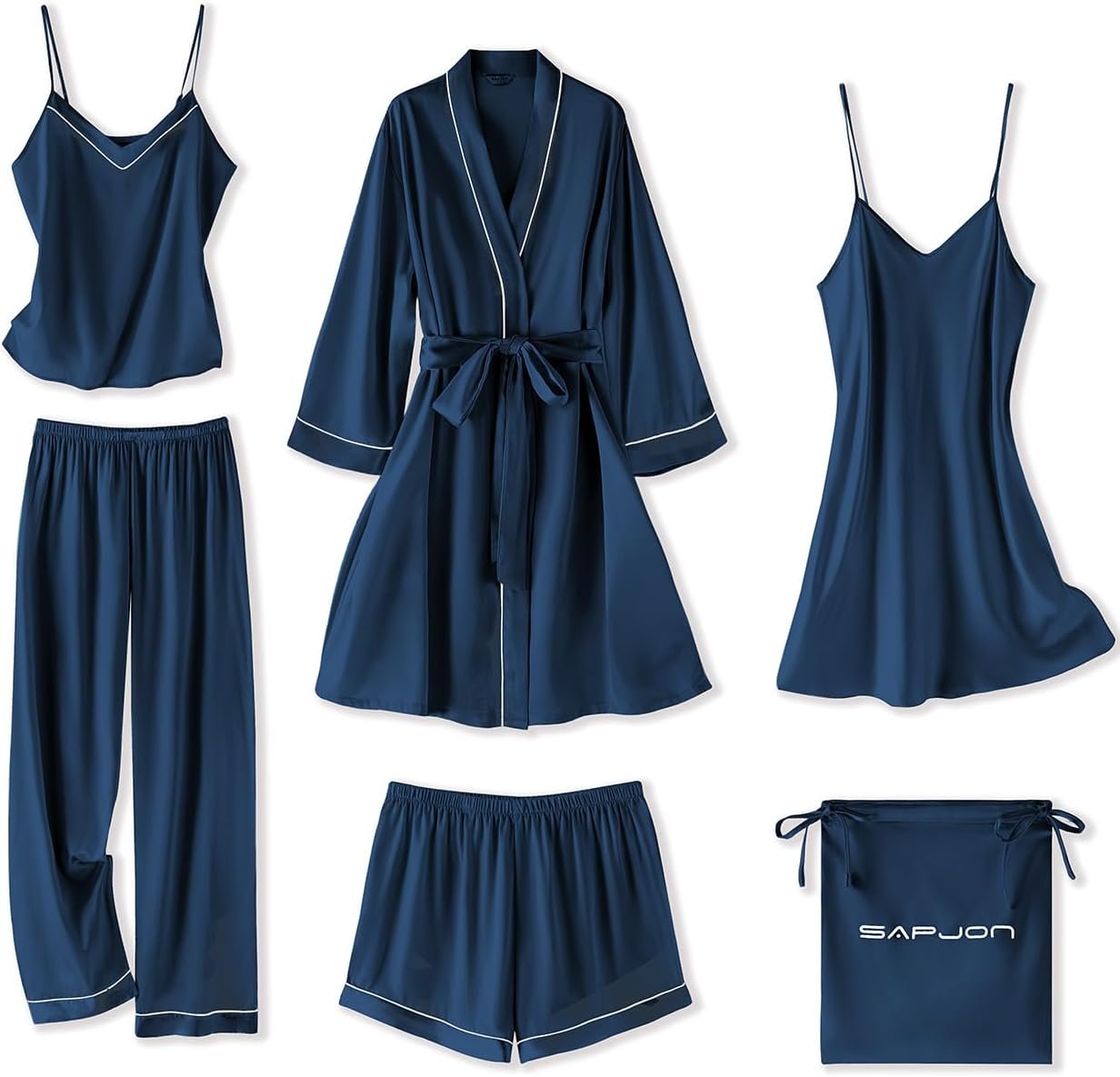 SAPJON Silk Pajamas for Women Set 6Pcs Satin Pjs V Neck Sexy Lingerie Sleepwear Cami Shorts Robe Nightwear Pj Set