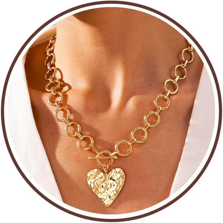 Robaice Chunky Gold Heart Necklace for Women，14K Gold Plated Chunky Heart Pendant Bold Chain Necklace with Toggle Clasp，Waterproof Non Tarnish Hypoallergenic Chunky Statement Jewelry Gift for Women