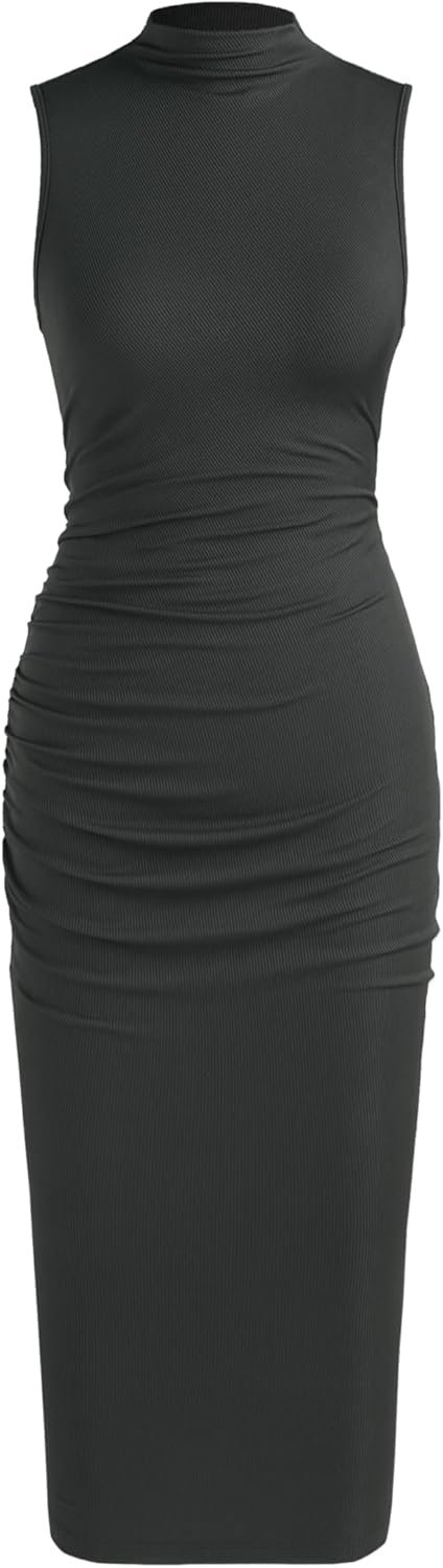 CIDER Bodycon Dresses for Women Mock High Neck Sleeveless Ruched Dresses Summer Cocktail Work Midi Dress Trendy