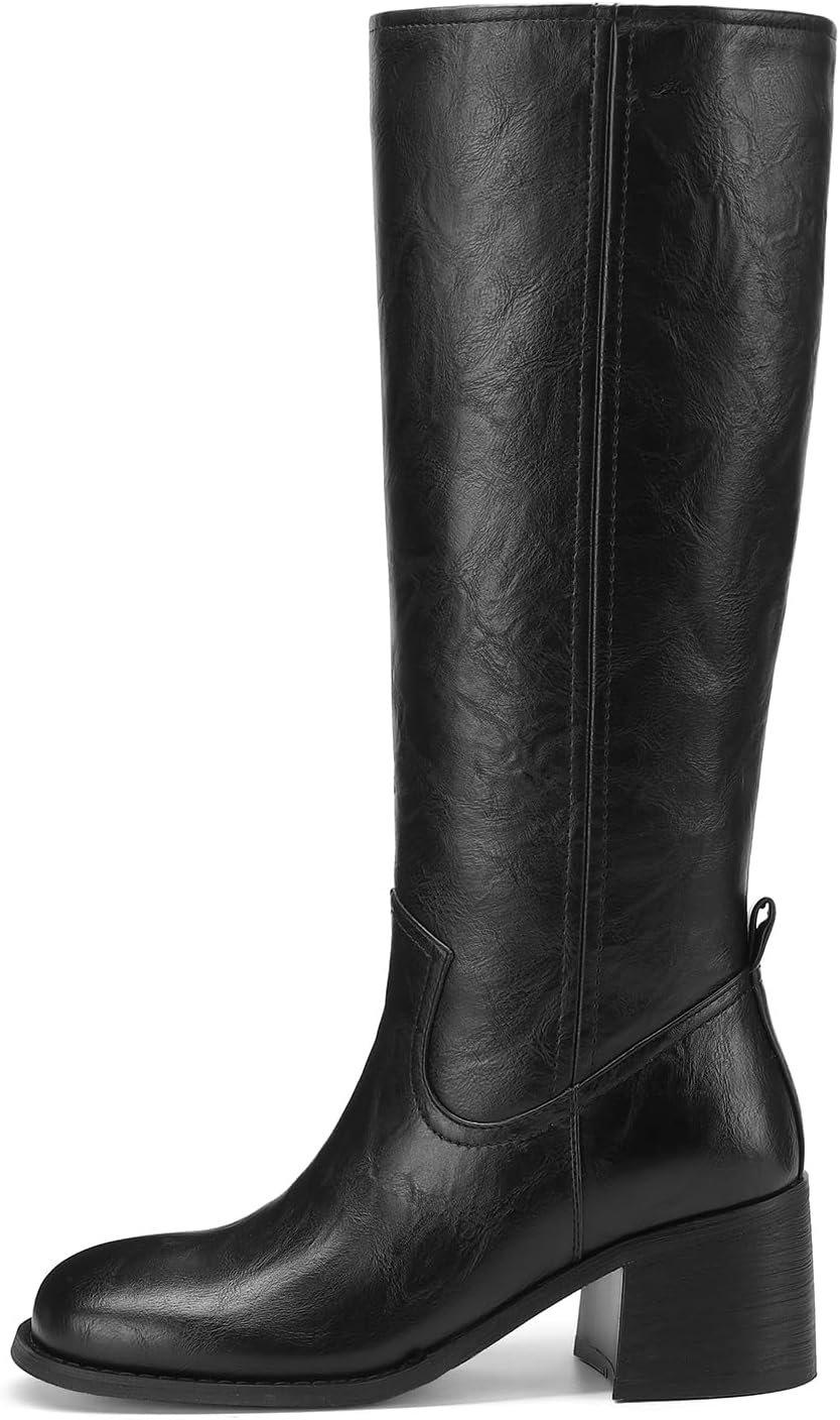 Knee High Boots For Women Square Toe Chunky Block Heel Casual Campus Tall Boots Western Cowdoy Stitching Style Wide Calf Comfortable Low Heel Riding Boots