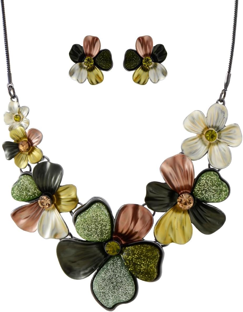 Chunky Statement Jewelry Set Vintage Retro Leaf Flower Floral Geometric Bohemian Boho Bib Necklace Earring Set Fashion Costume Jewelry for Women Girls Wedding Party Prom Unique Gift