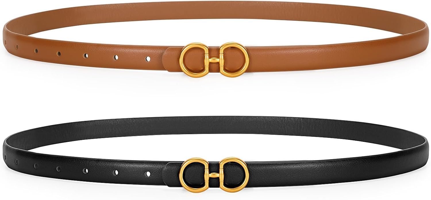 CESCOSI Women Skinny Leather Belts Ladies 2 Pack Thin Waist Belts with Gold Buckle for Dresses 0.7″ Width