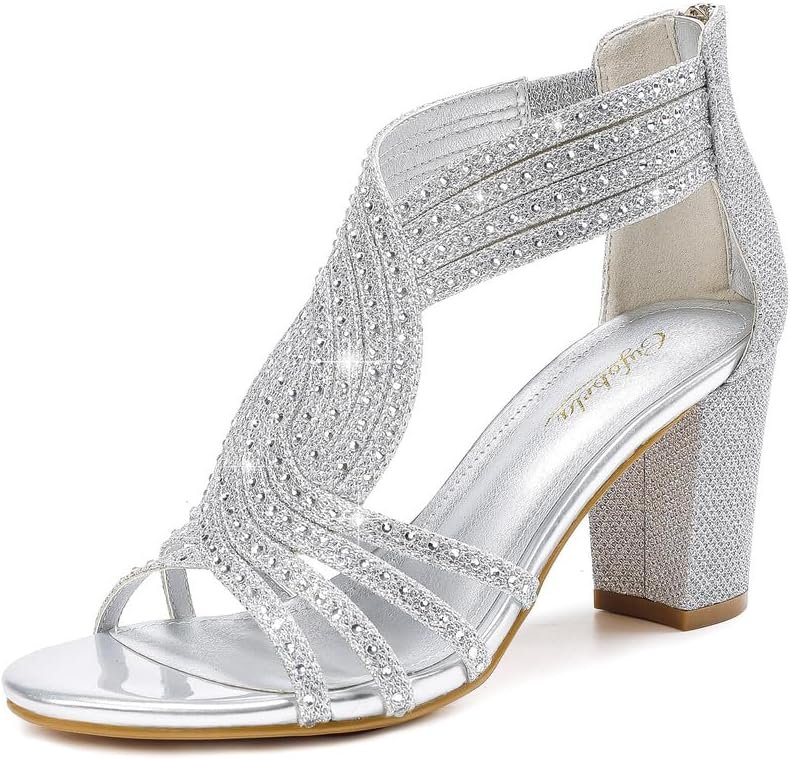 Women’s Rhinestone Sparkly Chunky Block Heel Sandals Open Toe Dressy Shoes with Zipper Closure for Wedding Prom Homecoming Hoco Formal Events